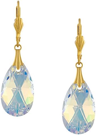 Alzerina Handmade 24K Gold Plated Teardrop Swarovski Elements Crystal Leverback Dangle Earrings