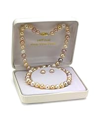 14k Yellow Gold 7-8mm Genuine Multi-color Pink Freshwater Pearl Necklace 18" Length Matching with 14k Yellow Gold Button Shape Stud Earring.