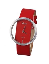 Hacbiwa Retro Design Leather Red Wrist Transparent Dial Watches