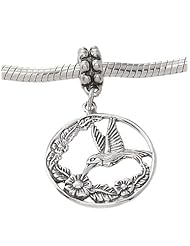 Sterling Silver Flying Hummingbird Cut Out Disc Dangle Bead Charm