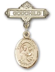 14K Gold Baby Badge with St. Anthony of Padua Charm and Godchild Badge Pin