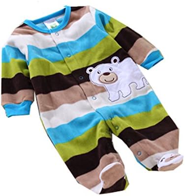 KM Newborn Baby Bear Pattern Coveralls Long-Sleeved Fleece Romper Green Stripes (66cm)