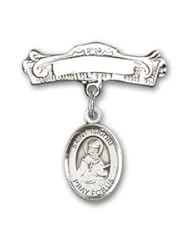 Sterling Silver Baby Badge with St. Isidore of Seville Charm and Arched Polished Badge Pin