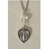 Rhodium Plated Miraculous St. Mary Mother of God Birthstone April Crystal Medal Pendant Charm on Card with 18" Chain