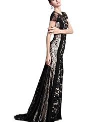 A-line Cocktail Floor Length Beaded Lace Mesh Short Sleeves Satin Evening Dress/Homecoming Dress/Pageant Dress/Prom Dress/Party Dress/Wedding Dress 