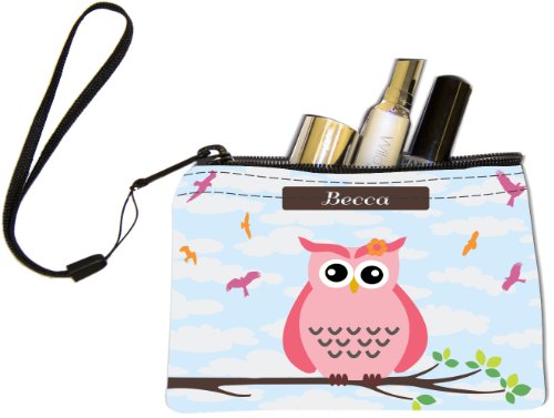 Rikki KnightTM "Becca" Name - Cute Pink Owl on Branch with Personalized Name Design Keys Coins Cards Cosmetic Mini Clutch Wristlet