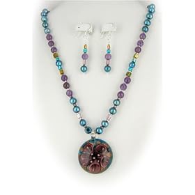 Murano Glass Lavender Flower Pendant Freshwater Pearl Earrings Necklace Sterling Silver 1275