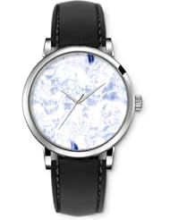SPRAWL Aanalog Fashion Series Silver Ladies Watches of Genuine Black Leather Strap,Unique Wrist Watch for Women Girls Designed with Waves of blue spots