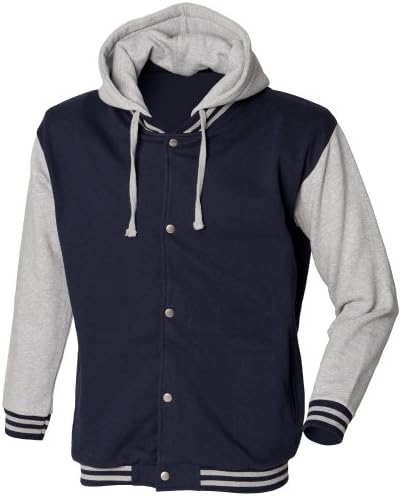 Skinni Fit Mens Heavy Weight Baseball Jacket With Detachable Hood (M) (Navy/Heather Grey)