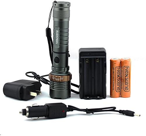 NexScene 2000LM Ultra Bright CREE XM-L T6 LED F10 5 Mode Zoomable Adjustable Focus Flashlight Tactical Torch with W/AC + Car + Double Charger and Rechargeable 18650 Batteries