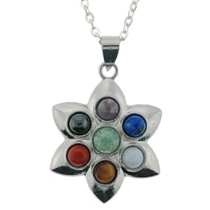 Natural Semi-Precious Stone Inlayed Chakra Lotus Pendant Necklace - 31mm Pendants - 18'' Necklace Included