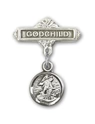 Sterling Silver Baby Badge with Guardian Angel Charm and Godchild Badge Pin