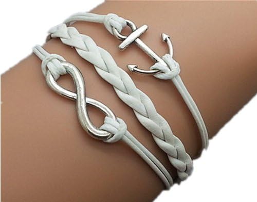 Plating Retro Silver Small Anchor & Infinity Wish Bracelet White Ropes Braided Personalized Charm Jewelry Friendship Gift 1186r