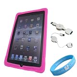Silicone Skin Pink Case for Apple iPad + Retractable USB Data Cable + Wristband