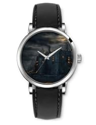 SPRAWL Aanalog Fashion Series Silver Ladies Watches of Genuine Black Leather Strap,Unique Wrist Watch for Women Girls Designed with Castle at dusk