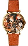 Animal Series Cat Dial Design Gold-Tone Large Round Leather Strap Watch # 6032G