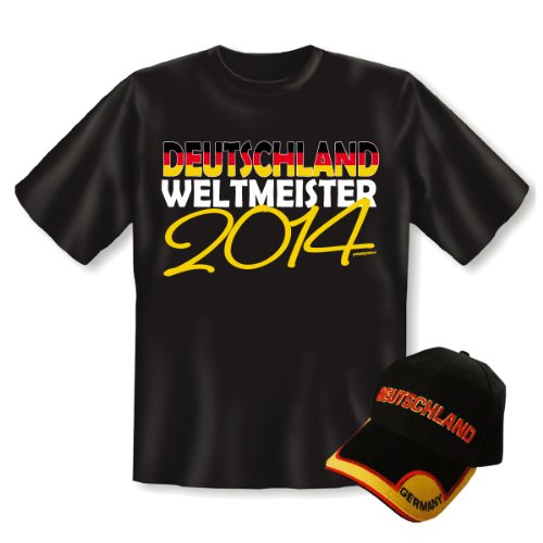 2-teiliges Fanartikel Set zur WM Party 2014 Fußball – Fan T-Shirt: Deutschland Weltmeister 2014 Gr. XL in schwarz mit bestickten CAP: Bundesadler EM WM : )