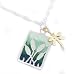 Handcrafted Kevin N Anna Green Epoxy Wild Flowers and Gold Filled Dragon Fly 950 Platinum Rectangle Charm Necklace on 925 Sterling Silver Chain - Comes Gift Boxed