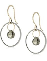 Melissa Joy Manning "Metallic Denim" Mixed Metal Circle with Center Pyrite Drop Earrings