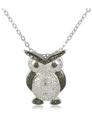 Plated Brass Gunmetal Color Black and White Diamond-Accent Owl Pendant Necklace, 18"