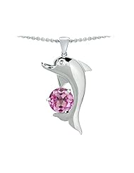 Original Star K (tm) Round 7mm Created Pink Sapphire Good Luck Dolphin Pendant in .925 Sterling Silver