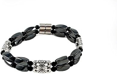 Black & Silver Colored Beaded Woman's Magnetic Therapy Bracelet - Size Med to Lg, 7.5 In.