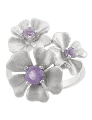 Sterling Silver Matte Triple Flowers with Amethyst Centers Ring