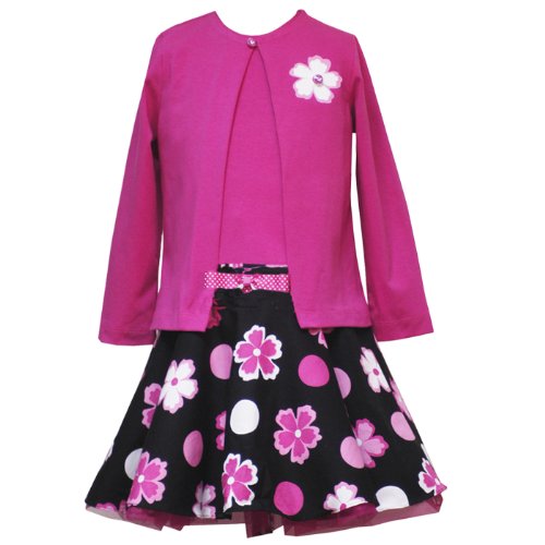 Rare Editions Little Girls 4-6X 2-Piece FUCHSIA-PINK BLACK WHITE FLORAL PRINT Special Occasion Girl Party Cardigan/Jacket Dress Set