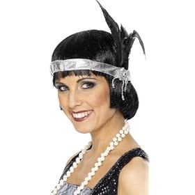 Headband Charleston Silver Satin with Black Feather and Jewel
