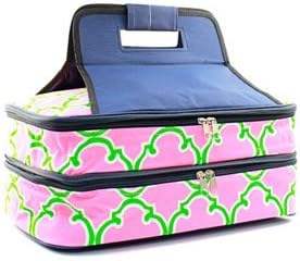 Expandable Casserole Carrier Insulated~2 Compartments~Hot and Cold~Velcro Handle (Green&amp;White&amp;Pink Geometric)