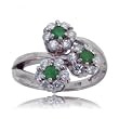 Emerald & Diamond Bypass Ring - Three Flowers in 14K White Gold