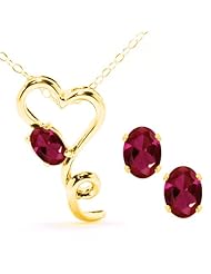 2.56 Ct Oval Red Created Ruby 14K Yellow Gold Pendant Earrings Set