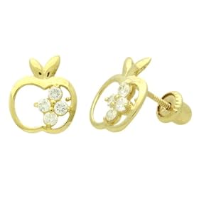 14K Gold Stud Earring White CZ Apple With Accent Yellow Gold Earring With Screw-Back For Kids & Teens