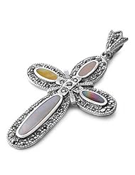 925 Sterling Silver Pendant With Marcasite - Cross - Stone: Mother of Pearl