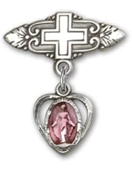Sterling Silver Baby Badge with Blue Heart/Miraculous Charm and Badge Pin with Cross