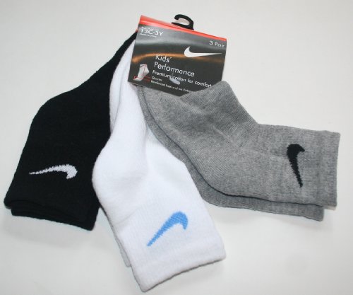 Sale Nike Kids' Performance Quarter Crew Socks 3 Pair - Size: 6-7, 13C-3Y - Black, Grey, White