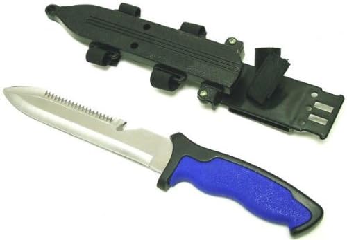 Scuba Knife Blunt Point Blue Overall Length: 11-3/4" Blade Length: 6-1/2" Blade Thickness: 5/32" Blade Material: Stainless Steel Handle Material: Impact Resistant ABS with Soft Rubber Grip Sheath: Black Kydex with 2 Elastic Straps