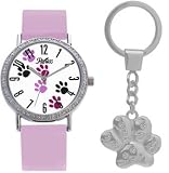 Girls '1014308s' Watch with Pink Strap and White Dial Decorated with Paw Prints and Stones - Comes with FREE Paw Keyring
