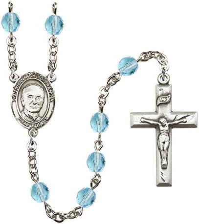 St Hannibal Medal Silver Plated Rosary features 6mm Aqua Fire Polished Beads