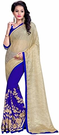 Suchi Fashion Royal Blue And Gold Georgette With Crepe Pallu Embroidered Half &amp; Half Party Wear Saree