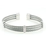 Choice of Stainless Steel Grey, Black or Yellow Cable w/ Sterling Silver Line Design Bangle Cuff Bracelet (0.05 cttw, I color, I2 clarity)