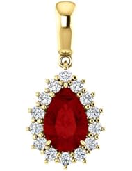 14K Yellow Gold 9.00x6.00mm Pear Cut Chatham Created Ruby and Diamond Pendant -- LIFETIME WARRANTY