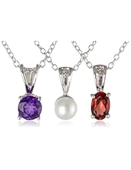 Sterling Silver Garnet, African Amethyst and White Chinese Freshwater Cultured Pearl (4.5-5mm) Pendant Necklace Jewelry Set