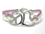 Pink and Cream Cord Peace Symbol and Heart Charm Toggle Bracelet Fashion Jewelry