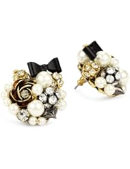 Betsey Johnson Simulated-Pearl and Black Bow Button Stud Earrings