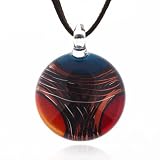 Chuvora Hand Blown Venetian Murano Glass Pendant Necklace, Red Blue and Yellow with Gold Curve