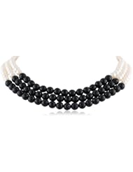 3 Row Faceted Black Onyx with White Potato Freshwater Cultured Pearls Gold over Silver Clasp Necklace, 16"