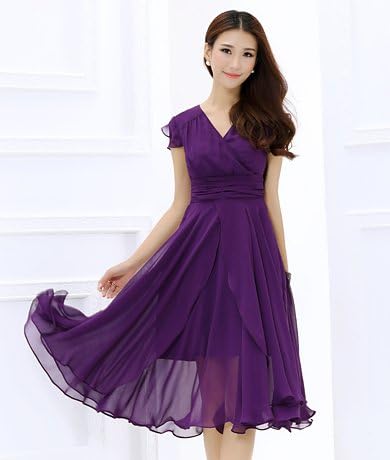 Shineflow Women's Short Sleeve V-neck Ruffle Ruched Midi Cocktail Dress
