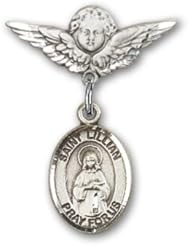 Sterling Silver Baby Badge with St. Lillian Charm and Angel with Wings Badge Pin