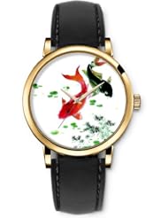 SPRAWL Aanalog Fashion Series Gold Ladies Watches of Genuine Black Leather Strap,Unique Wrist Watch for Women Girls Designed with Two fish in lake